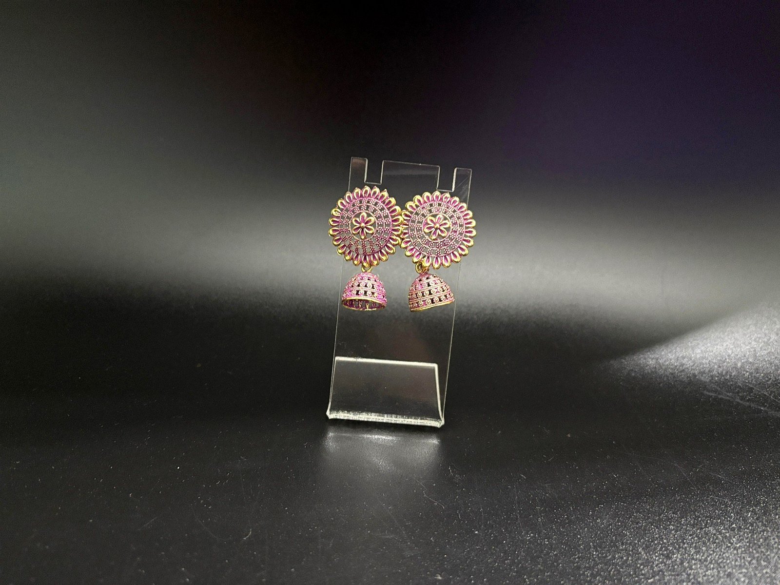 Antique Gold-Plated Pink Stone Floral Stud Jhumka Earrings