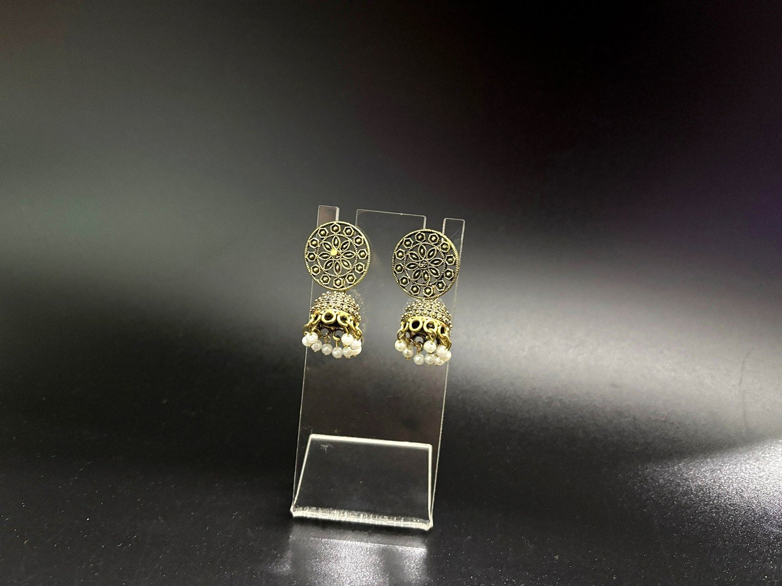 Antique Gold-Plated Round Stud Jhumka Earrings with Pearl Beads