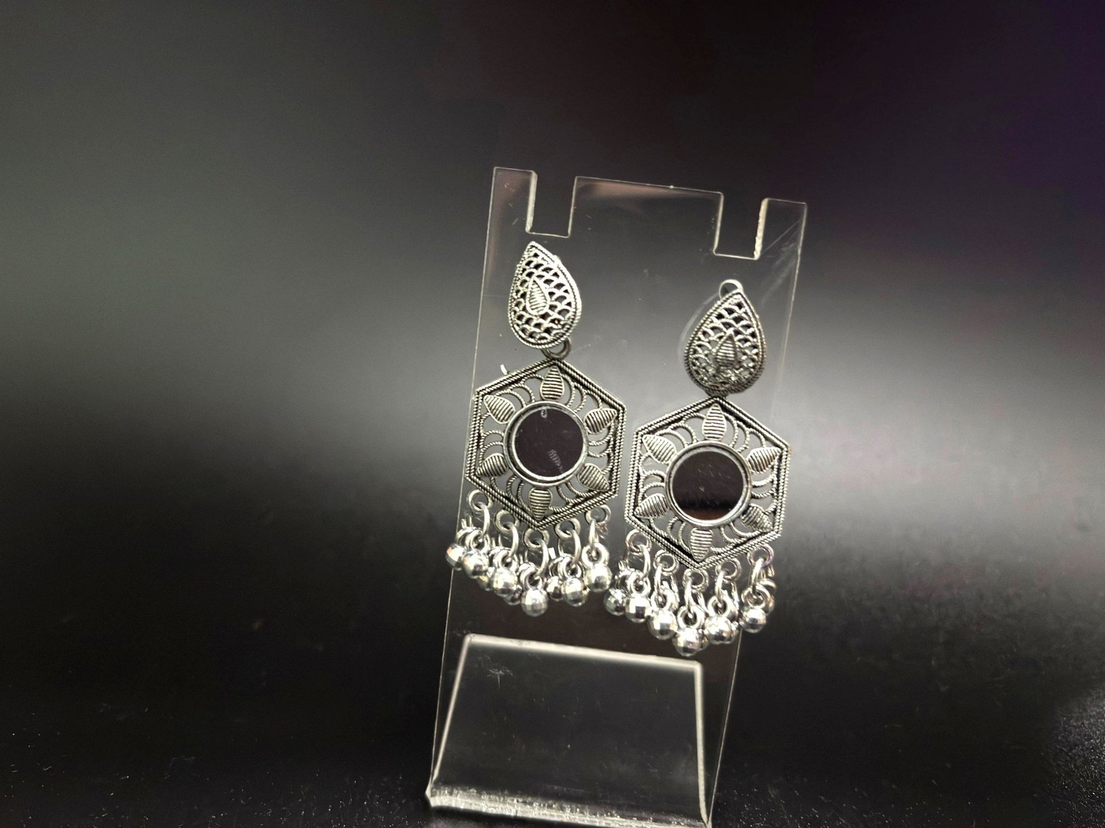 Antique Silver-Plated Hexagon Drop Earrings with Black Stone and Ghungroo