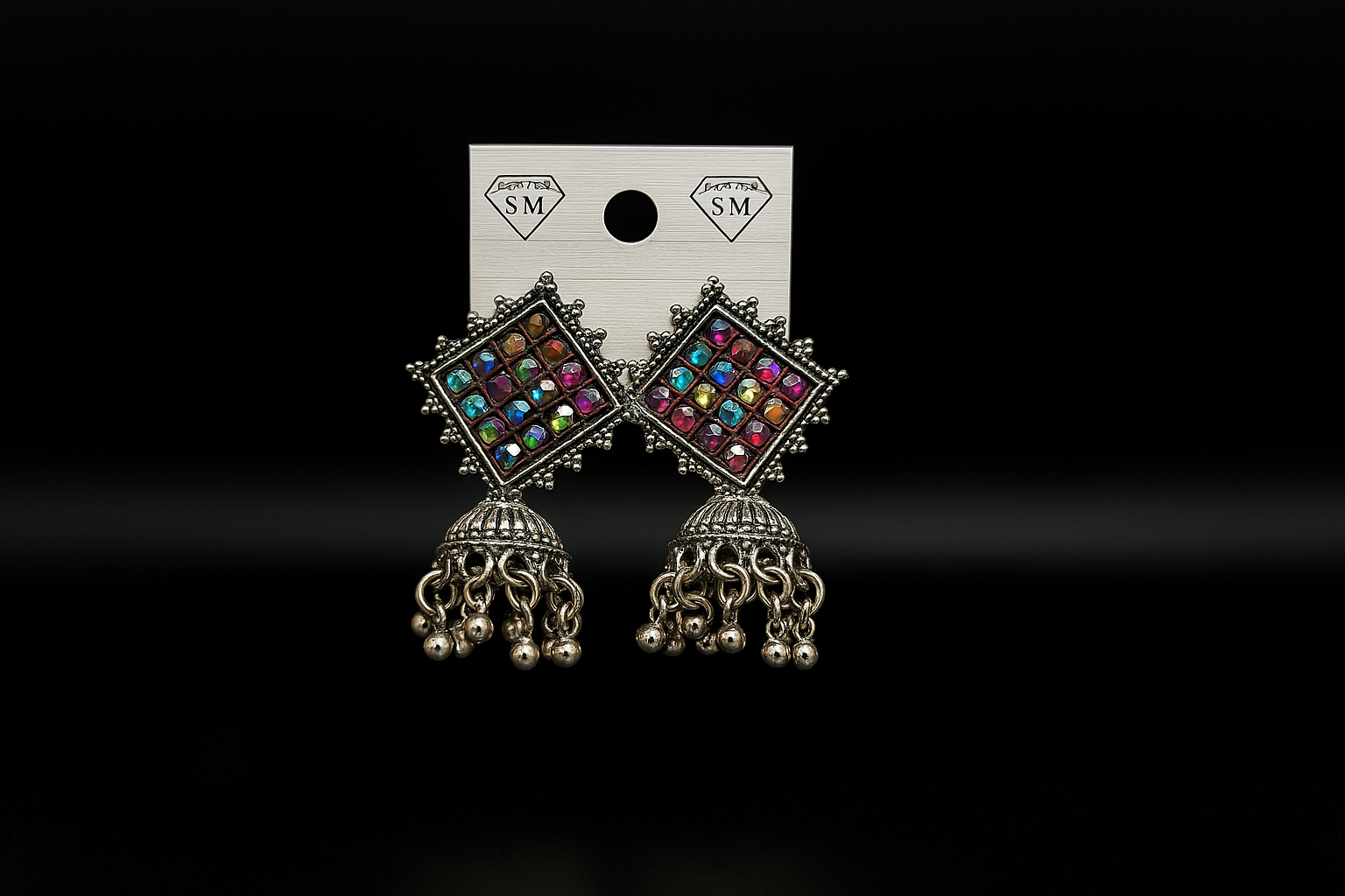 Antique Silver-Plated Square Mirror Jhumka Earrings with Multicolor Stones