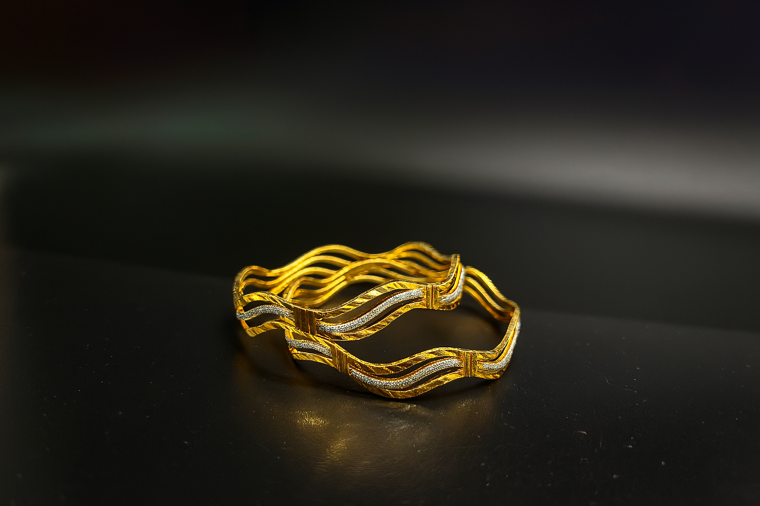 Bright Gold and Silver Wave Design Bangles