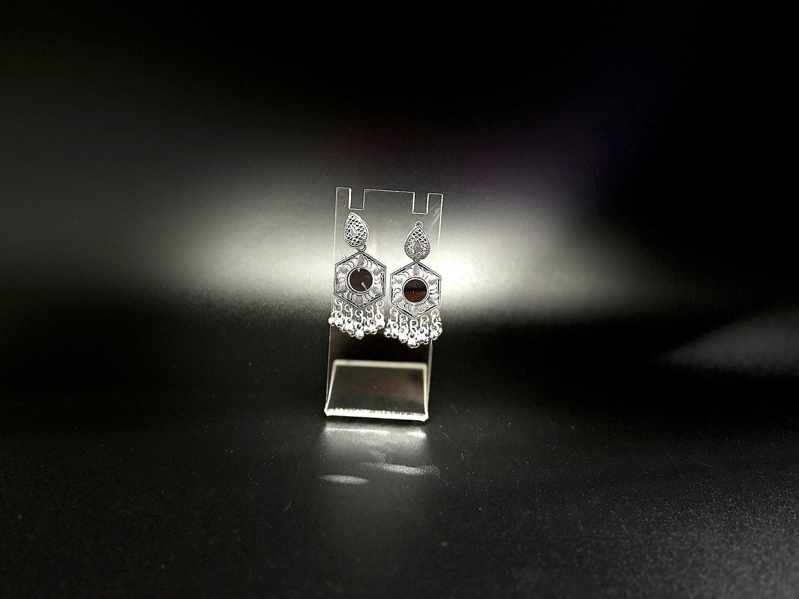 Antique Silver-Plated Hexagon Drop Earrings with Black Stone and Ghungroo
