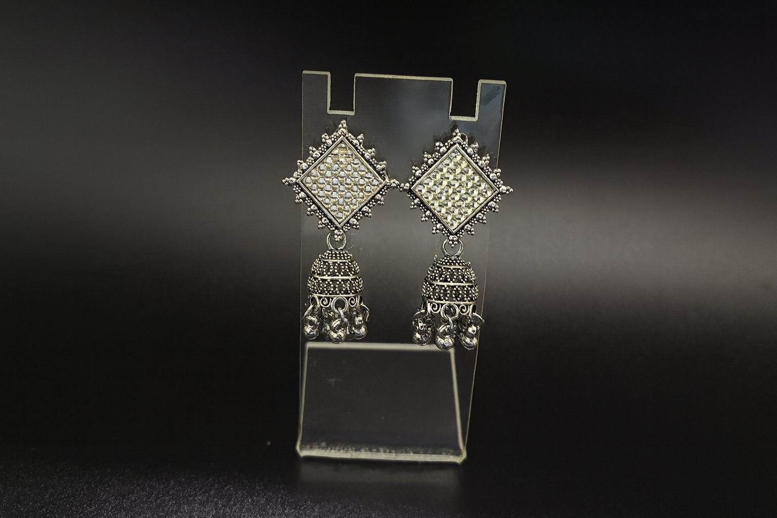 Antique Silver-Plated Diamond Shape Jhumka Earrings with Beaded Detailing
