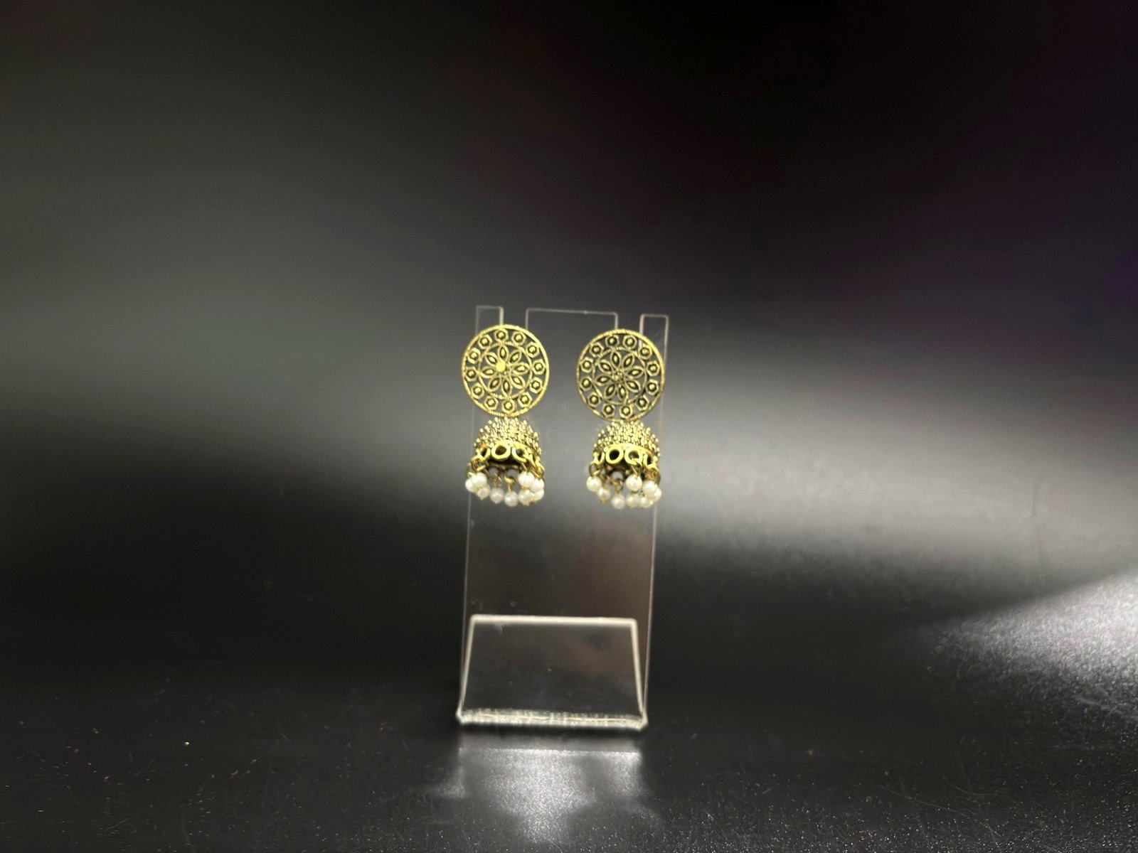 Antique Gold-Plated Round Stud Jhumka Earrings with Pearl Beads
