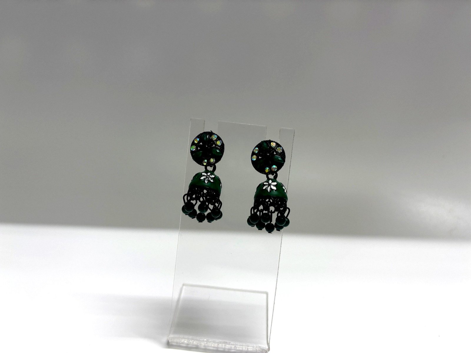 Hand-Painted Green and Black Floral Stud Jhumka Earrings with Bead Hangings