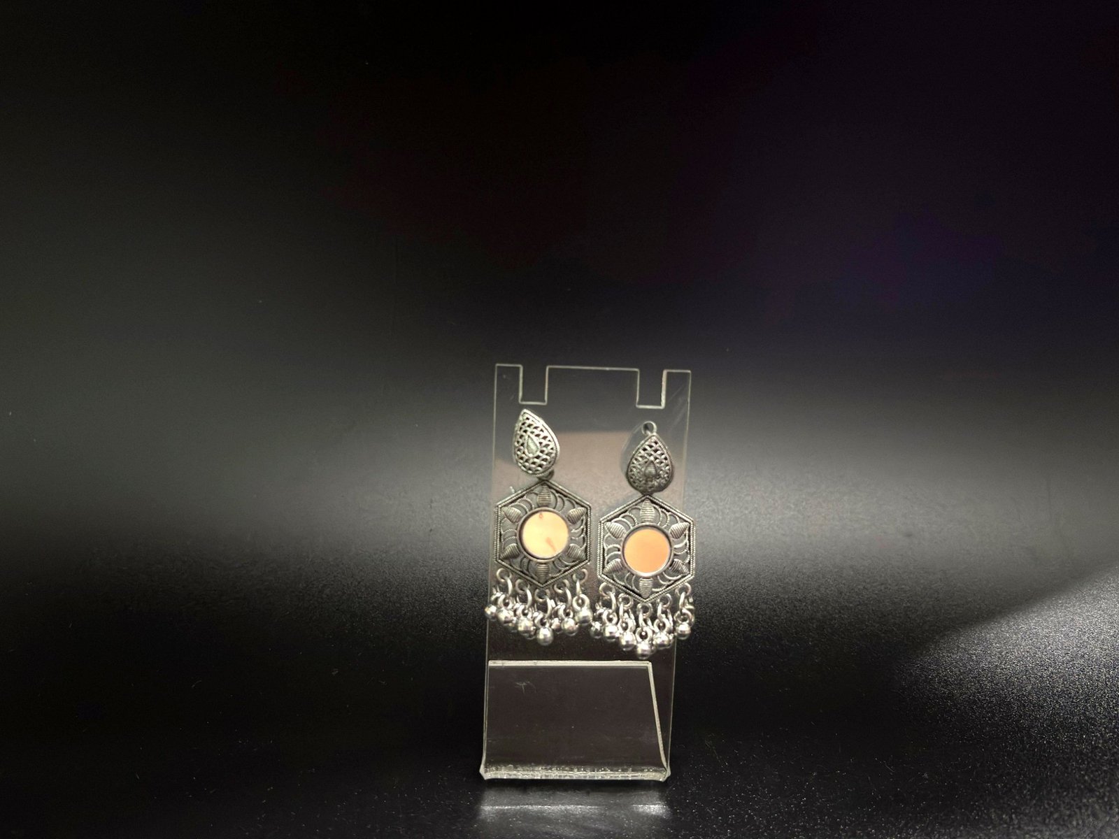Antique Silver-Plated Hexagon Drop Earrings with Black Stone and Ghungroo