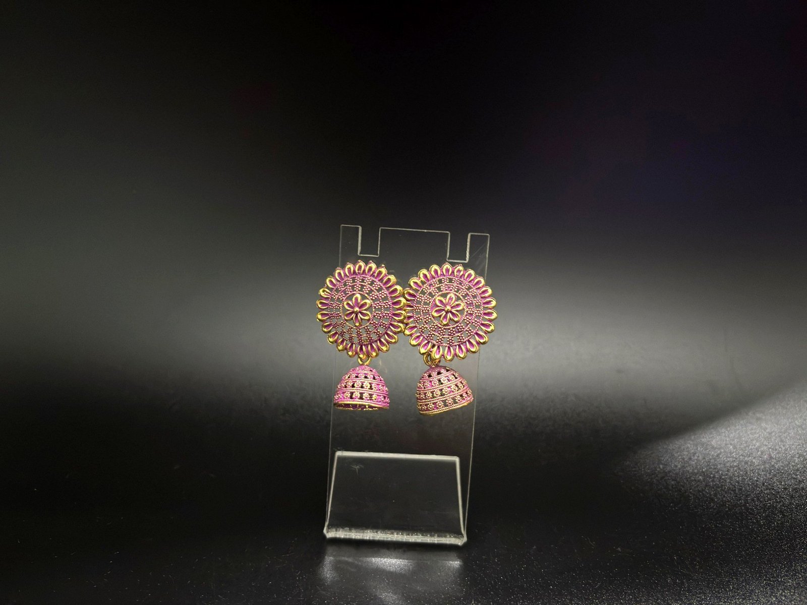 Antique Gold-Plated Pink Stone Floral Stud Jhumka Earrings