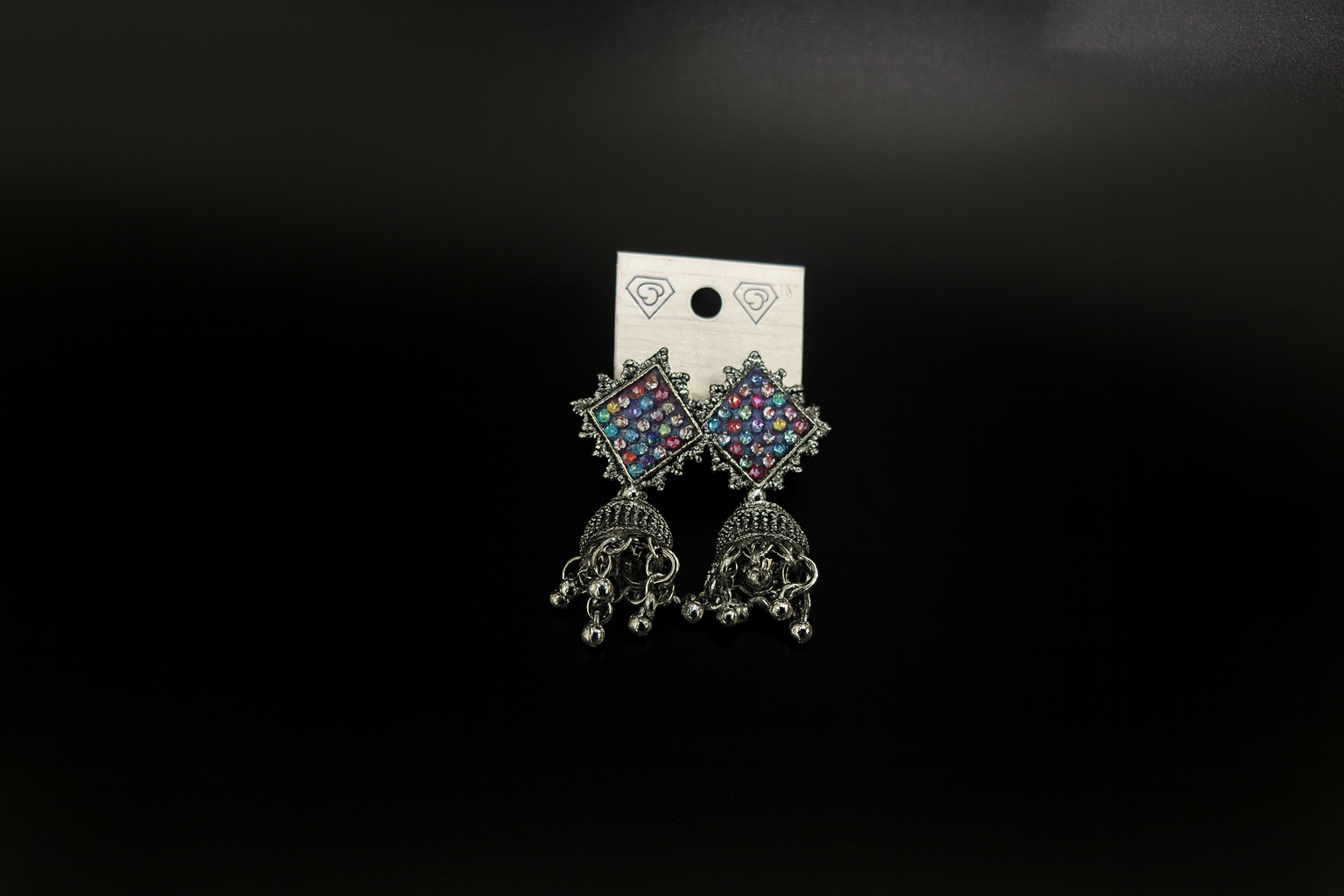 Antique Silver-Plated Square Mirror Jhumka Earrings with Multicolor Stones