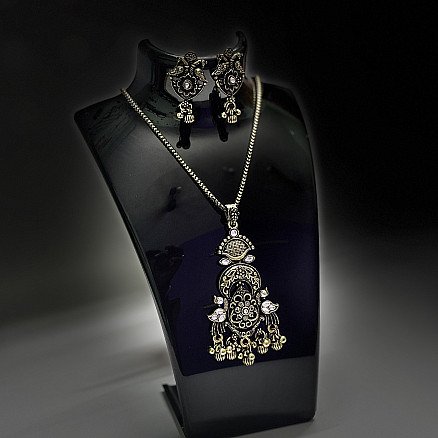 Antique Oxidised Long Floral Pendant Necklace Set with Earrings